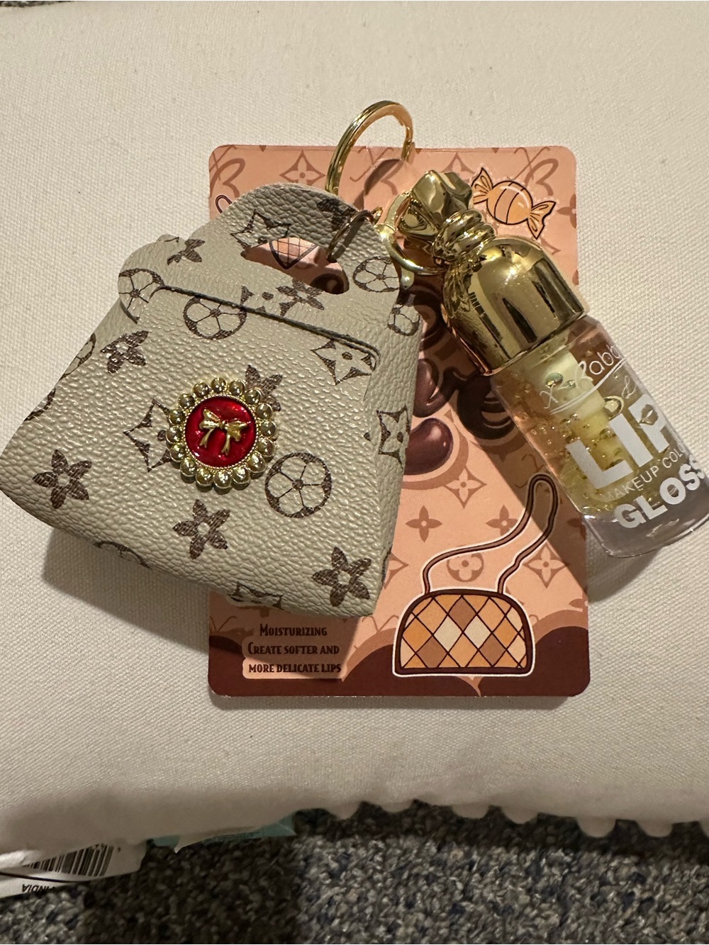 Designer-Inspired Beige Mini Handbag Keychain with Gold Accent & Lip gloss